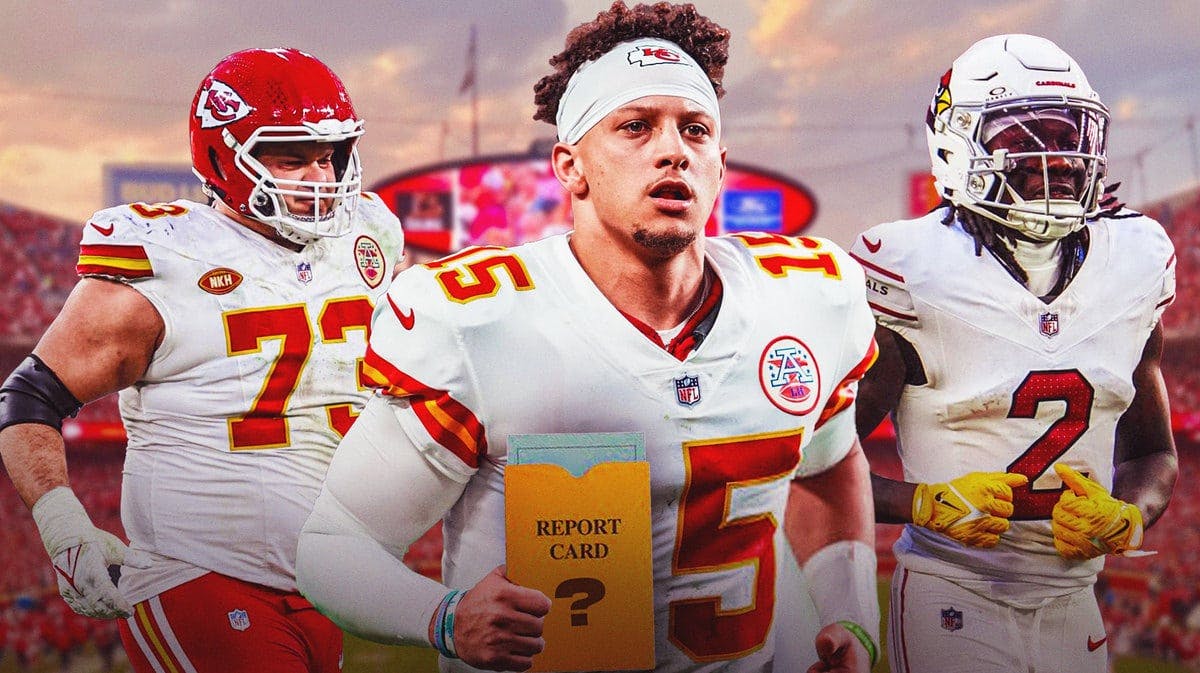 Patrick Mahomes holding a report card with question mark in it. Marquise Brown and Nick Allegretti on either side