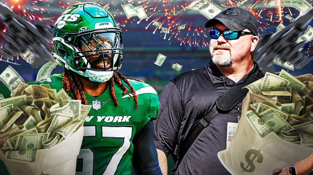 Fireworks exploding at MetLife Stadium, fighter jets flying overhead as C.J. Mosley and Joe Douglas both are front and center, each is holding a big bag of cash.