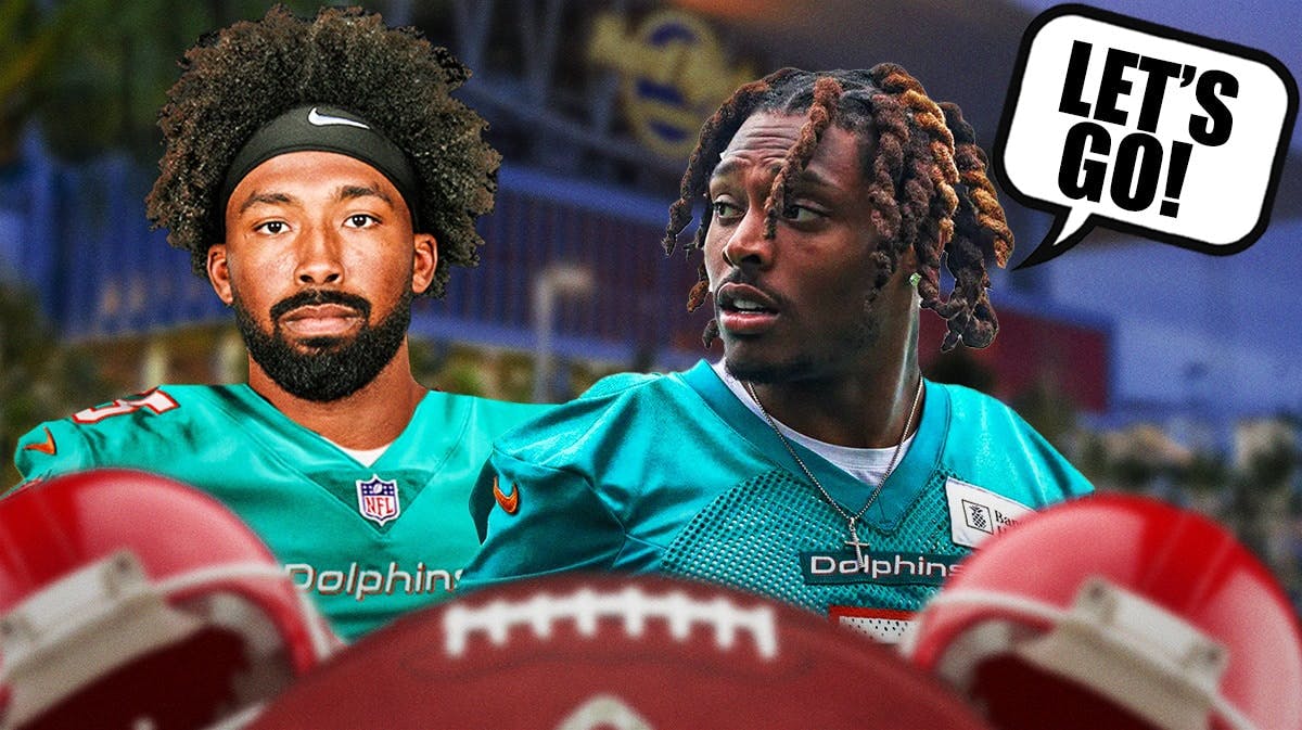 Kendall Fuller on one side in a Miami Dolphins uniform, Jalen Ramsey on the other side with a speech bubble that says “Let’s go!”
