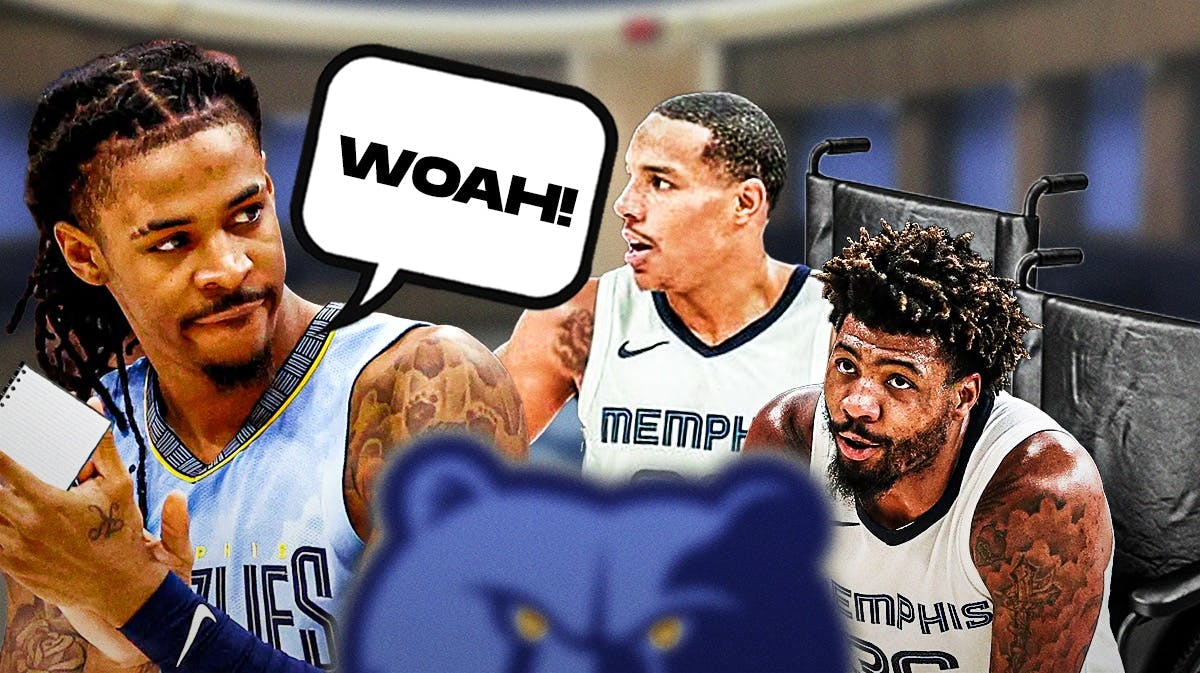 Thumb: Grizzlies' Ja Morant holding a list, saying, “WOAH!”. Add Marcus Smart, Desmond Bane in wheelchairs.