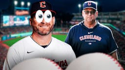 Guardians' Stephen Vogt eyes popping out looking at Guardians' Terry Francona. Both in Guardians gear. Progressive Field background.