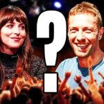 Dakota Johnson and Chris Martin with a question mark between them