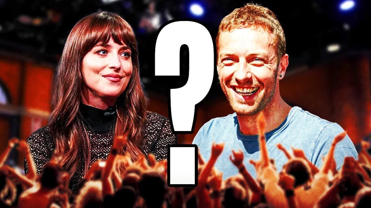 Dakota Johnson and Chris Martin with a question mark between them