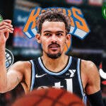 Hawks Trae Young surrounded by NBA logos of Celtics, Bucks, Knicks, Bulls, Cavaliers, and Magic