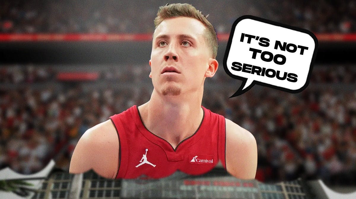 Miami Heat star Duncan Robinson in front of the Kaseya Center saying "It's not too serious."