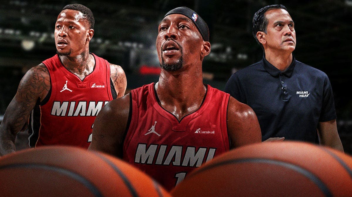 Miami Heat stars Bam Adebayo and Terry Rozier next to head coach Erik Spoelstra in front of the Kaseya Center.