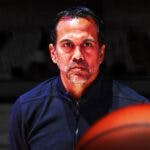 Miami Heat head coach Erik Spoelstra in front of the Kaseya Center.