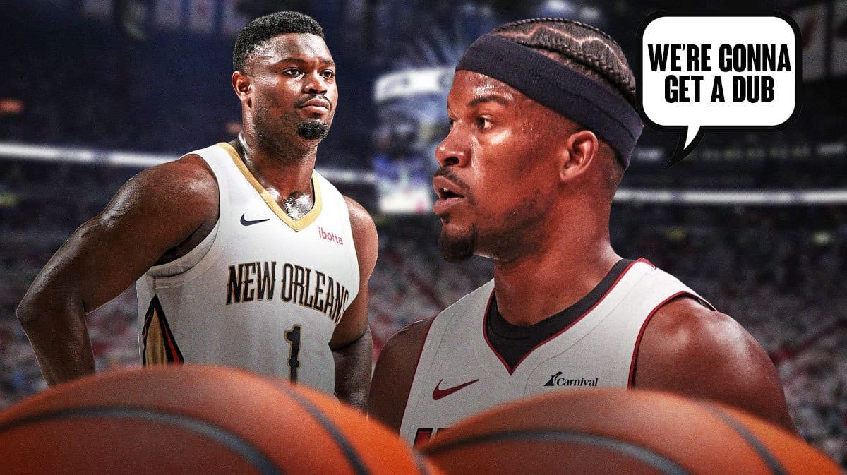 Miami Heat star Jimmy Butler saying to New Orleans Pelicans star Zion Williamson that "we're gonna get a dub" in front of the Kaseya Center.