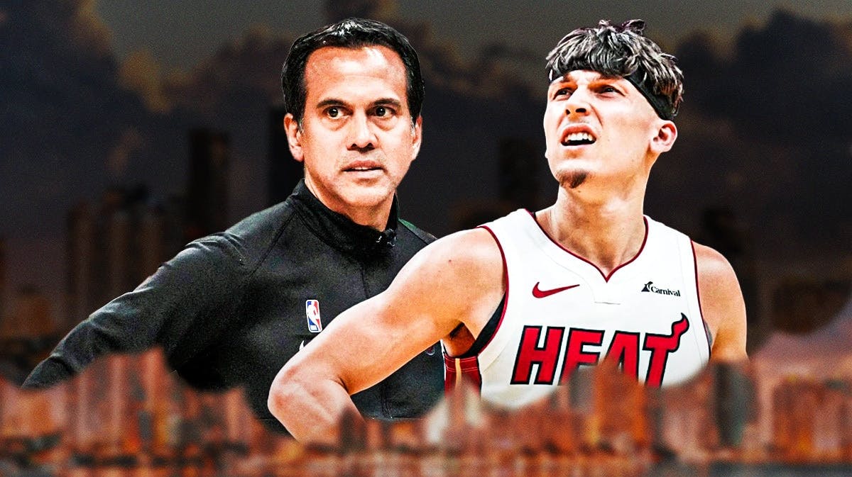 Miami Heat head coach Erik Spoelstra and star Tyler Herro in front of the city they represent.