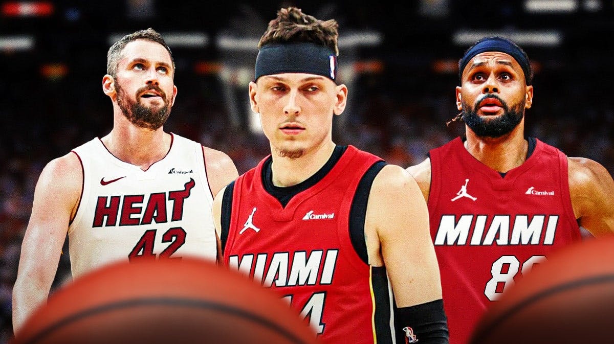 Miami Heat stars Kevin Love, Tyler Herro, and Patty Mills in front of the Kaseya Center.