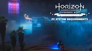 horizon forbidden west pc, horizon forbidden west system requirements, horizon forbidden west pc requirements, forbidden west system requirements, horizon forbidden west, a screenshot of horizonn forbidden west with the game logo in one corner and the words pc system requirements under it