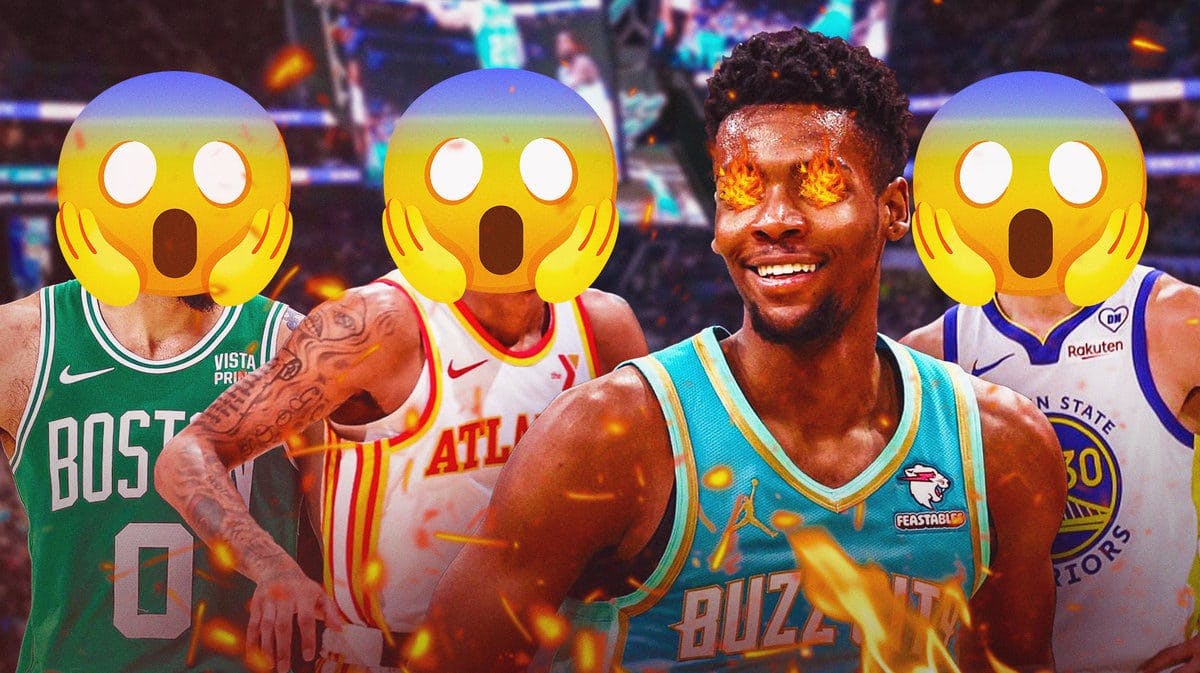 Brandon Miller with fire in his eyes. Stephen Curry, Jayson Tatum and Dejounte Murray with a scared emoji as their faces in the background