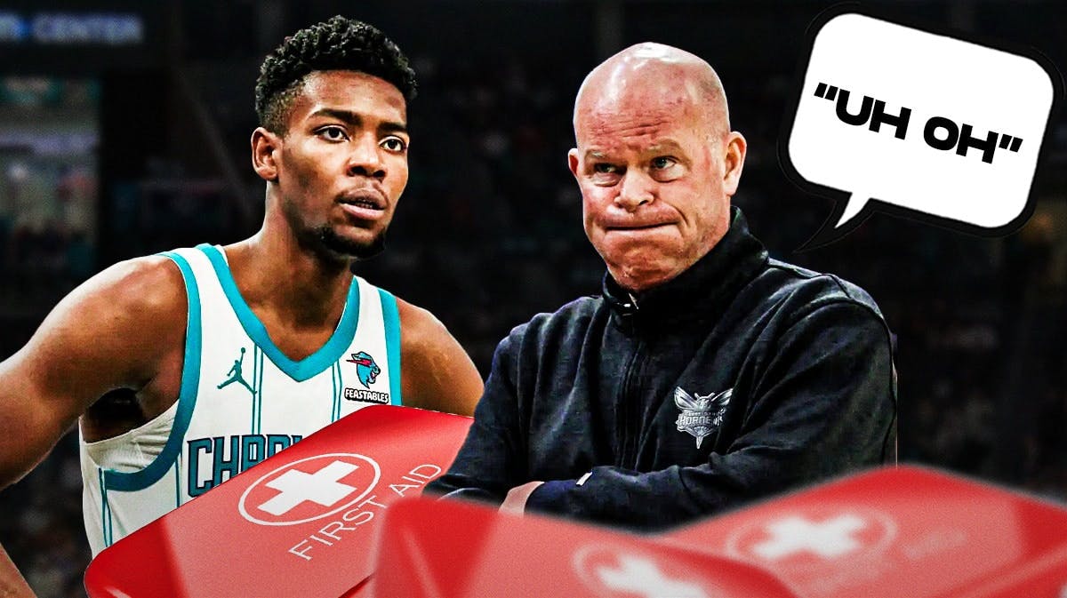 Brandon Miller with an injury kit on one side, Steve Clifford on the other side with a speech bubble that says “Uh oh”