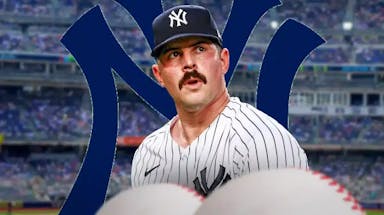 Carlos Rodon in image looking hopeful, NY Yankees logo, baseball field