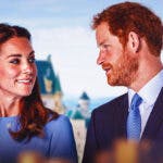 Princess Kate and Prince Harry with a palace behind them