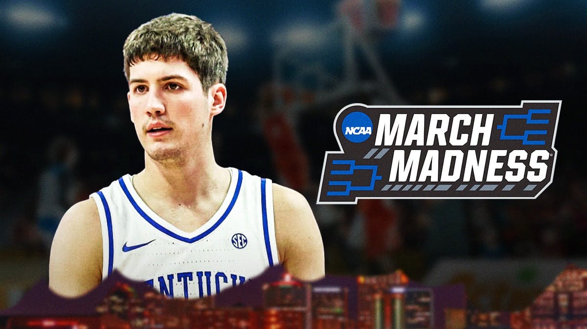 Reed Sheppard, Kentucky basketball, Wildcats, Reed Sheppard NBA Draft, March Madness, Reed Sheppard looking upset with March Madness logo in the background