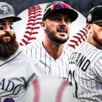 Charlie Blackmon, Kris Bryant, Kyle Freeland together with Coors Field as the background. Rockies season preview
