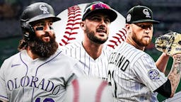 Charlie Blackmon, Kris Bryant, Kyle Freeland together with Coors Field as the background. Rockies season preview