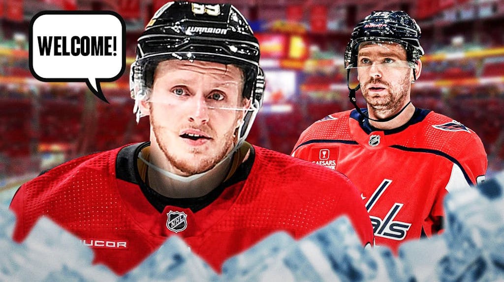 Jake Guentzel in a Carolina Hurricanes uniform on one side with a speech bubble that says “Welcome!” Evgeny Kuznetsov on the other side in a Washington Capitals uniform