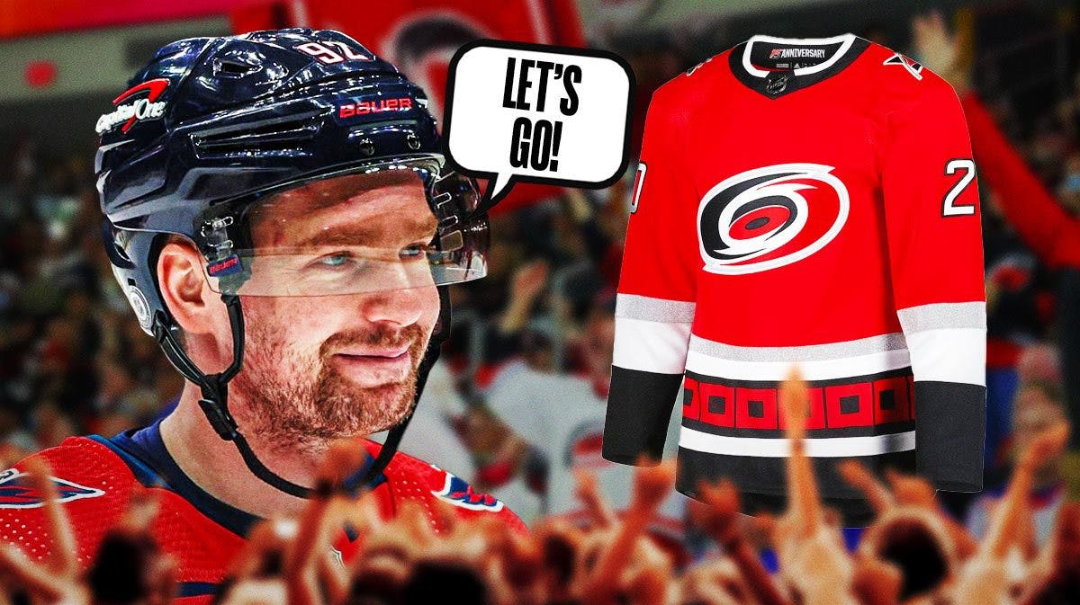 Evgeny Kuznetsov on one side in a Carolina Hurricanes jersey, a bunch of Carolina Hurricanes fans on the other side with a speech bubble that says “Let’s go!”