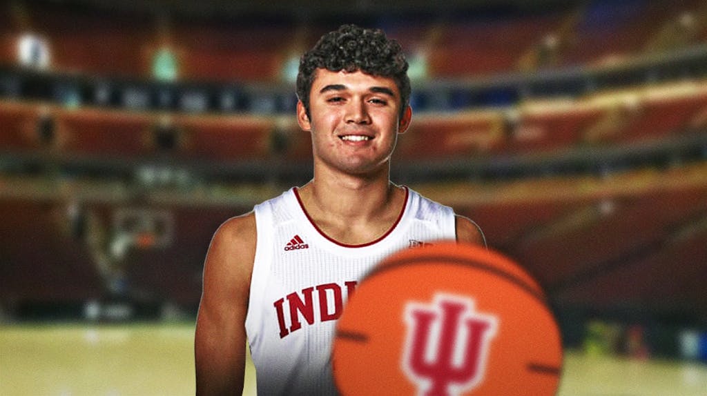 Indiana basketball, Hoosiers, Anthony Leal, Penn State basketball, Nebraska basketball, Anthony Leal in Indiana uni with Big Ten Tournament arena in the background