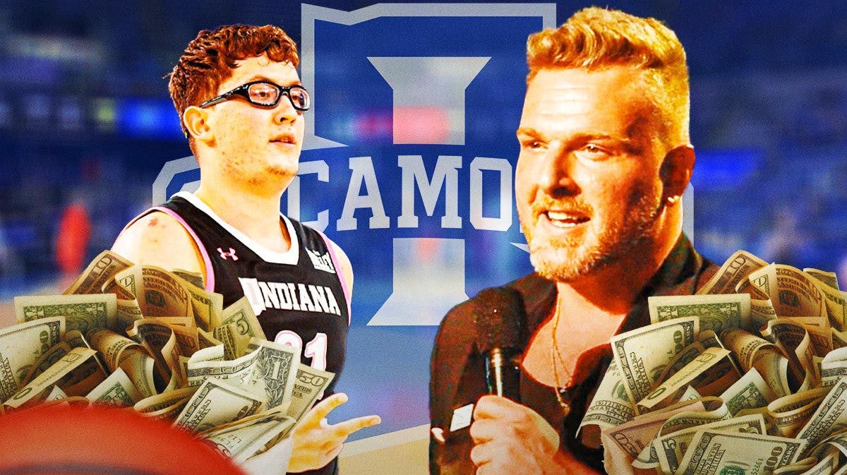 Indiana State basketball, Sycamores, NIT, Robbie Avila, Pat McAfee, Pat McAfee and Robbie Avila with money emojis on graphic, Indiana State basketball arena in the background