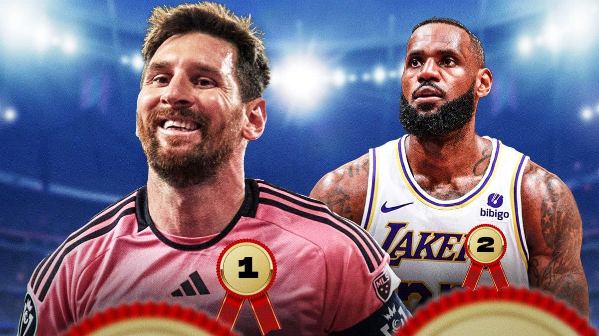 Lionel Messi smiling with a #1 ribbon on his chest, LeBron James next to him with a #2 ribbon on his chest inter miami