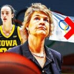 Iowa women’s basketball coach Lisa Bluder and Iowa women’s basketball player Caitlin Clark, with the Olympic rings behind them and a big X over the rings