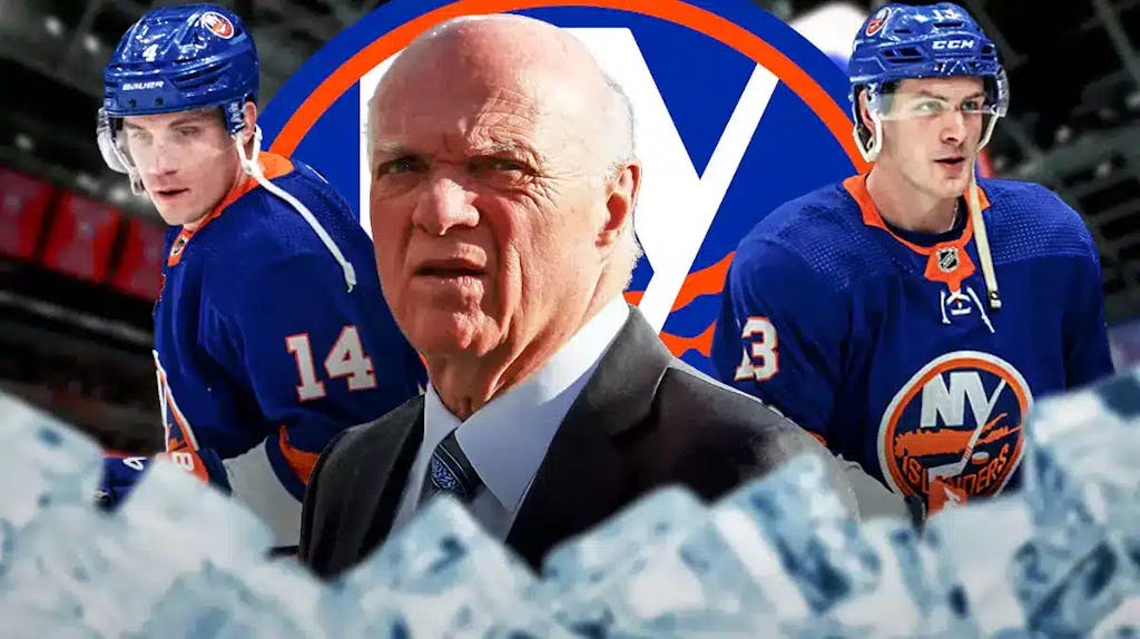 Lou Lamoriello in middle looking stern, Mat Barzal and Bo Horvat on either side, NYI logo, hockey rink in background