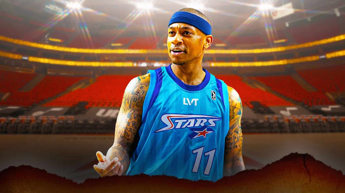 Isaiah Thomas in a Salt Lake City Stars jersey wit the Utah Jazz arena in the background