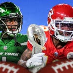 Jets Sauce Gardner saying “Ungrateful!” looking at Mecole Hardman of Chiefs who is holding up Lombardi Trophy