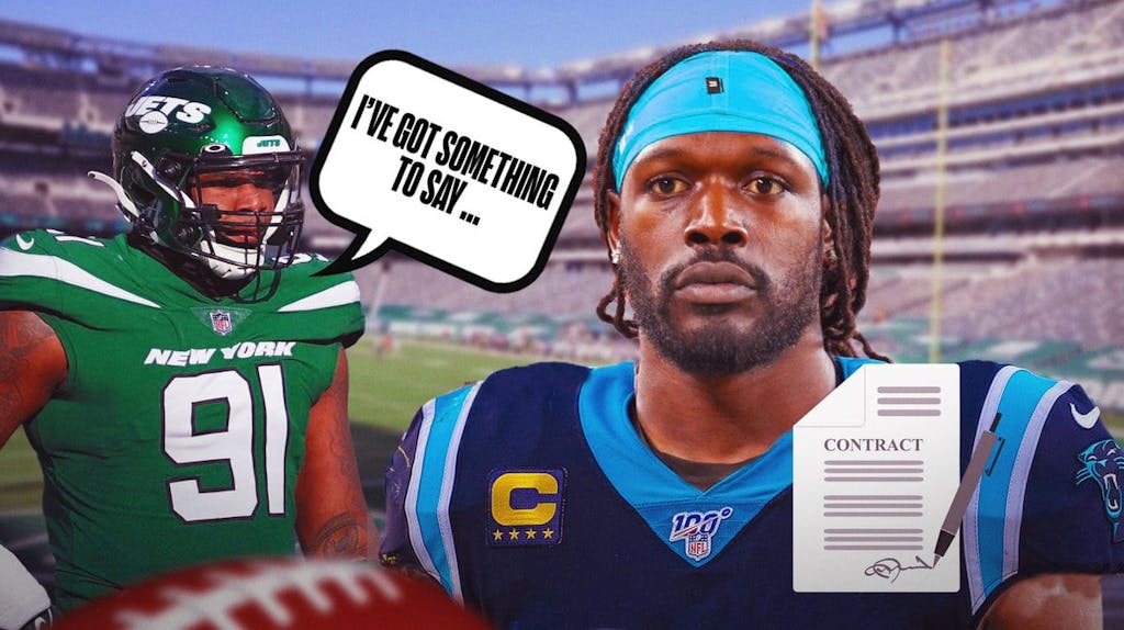 John Franklin-Myers in Jets jersey at MetLife Stadium saying “I’ve got something to say …” looking at Jadeveon Clowney who is holding a newly-signed contract and wearing a Panthers jersey