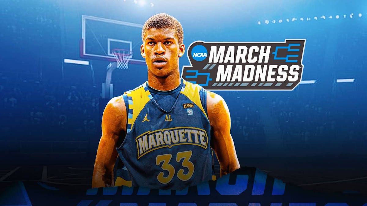 Jimmy Butler in a Marquette uniform, with March Madness logo.