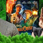 Dwayne Johnson and Emily Blunt with Jungle Cruise poster and background.