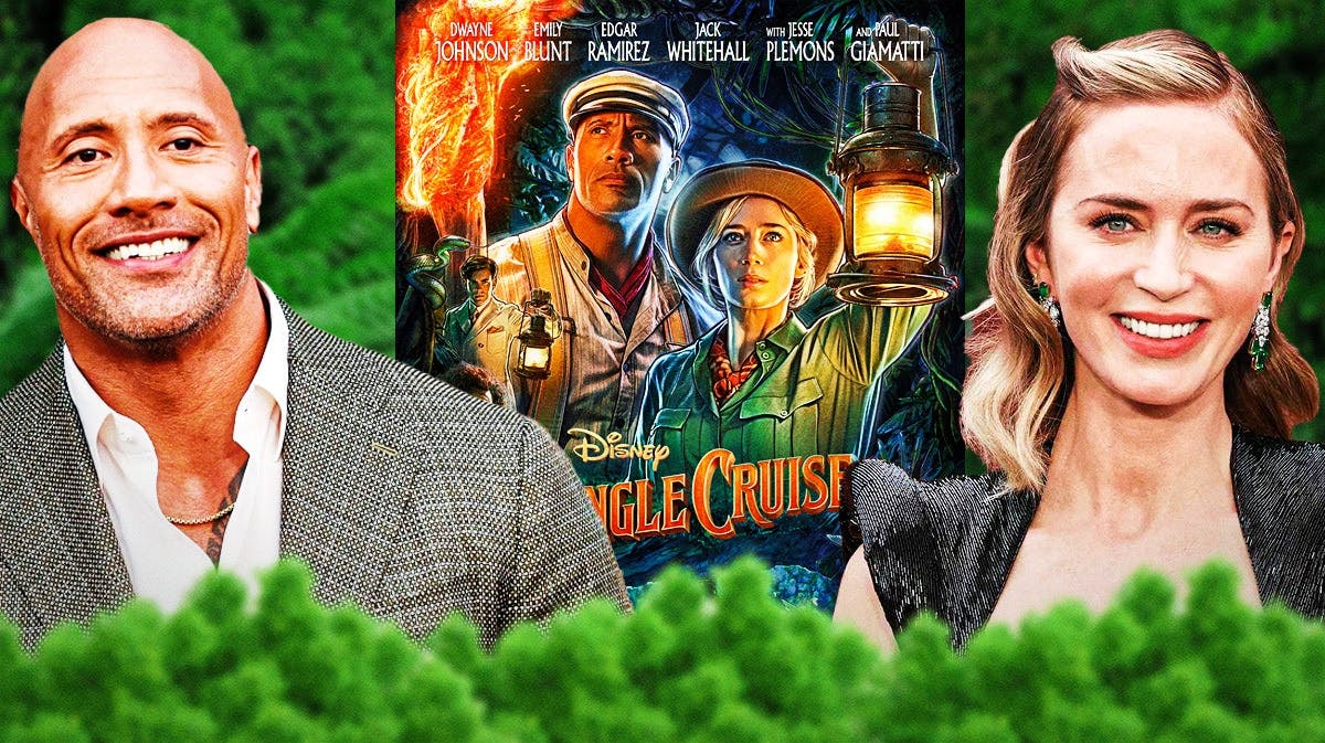 Dwayne Johnson and Emily Blunt with Jungle Cruise poster and background.