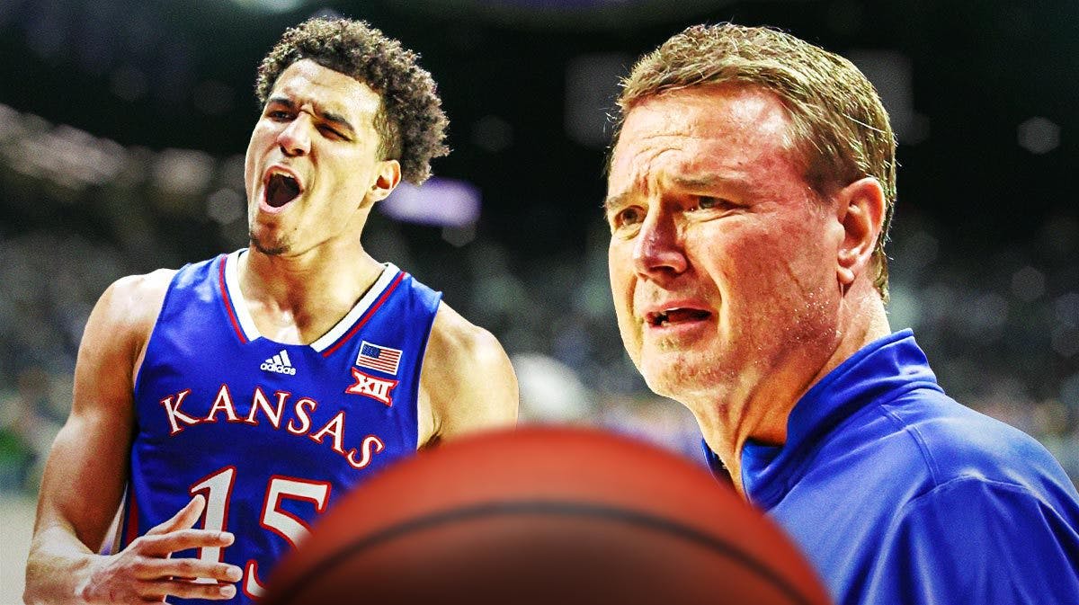 a picture of concerned Kansas basketball coach Bill Self, while Kevin McCullar is holding his knee in the background.