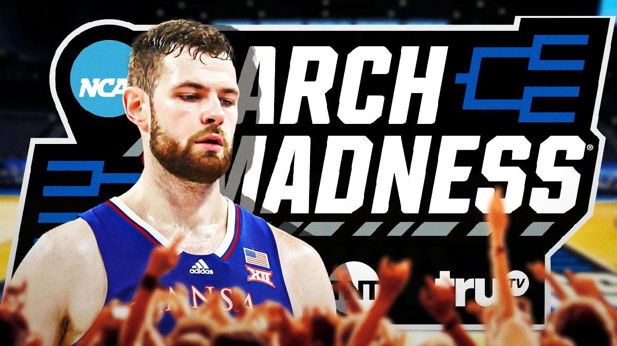 Kansas basketball's Hunter Dickinson next to March Madness logo