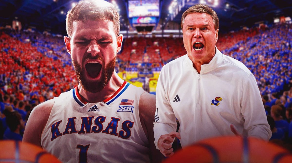 Kansas basketball coach Bill Self on the right, with player Hunter Dickinson on the left.