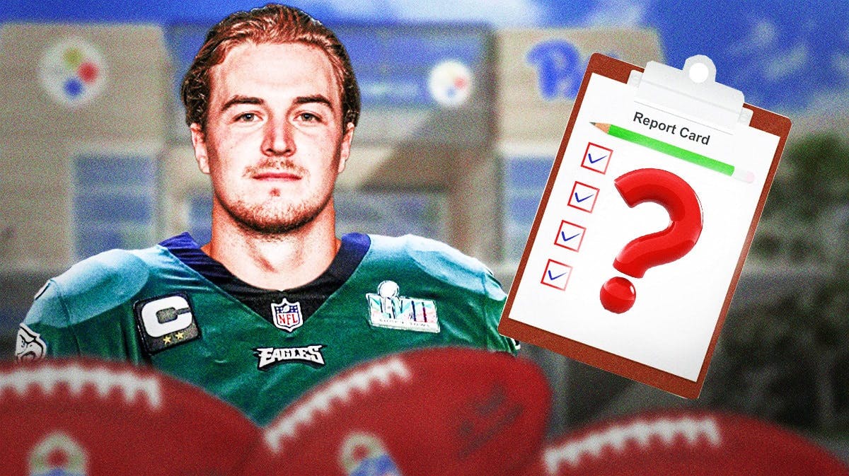 Former Steelers QB Kenny Pickett in an Eagles jersey after the trade and a report card with a question mark on it.