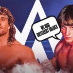 Kevin Von Erich with a text bubble reading “We had different values” next to Kerry Von Erich with the WWE logo as the background.