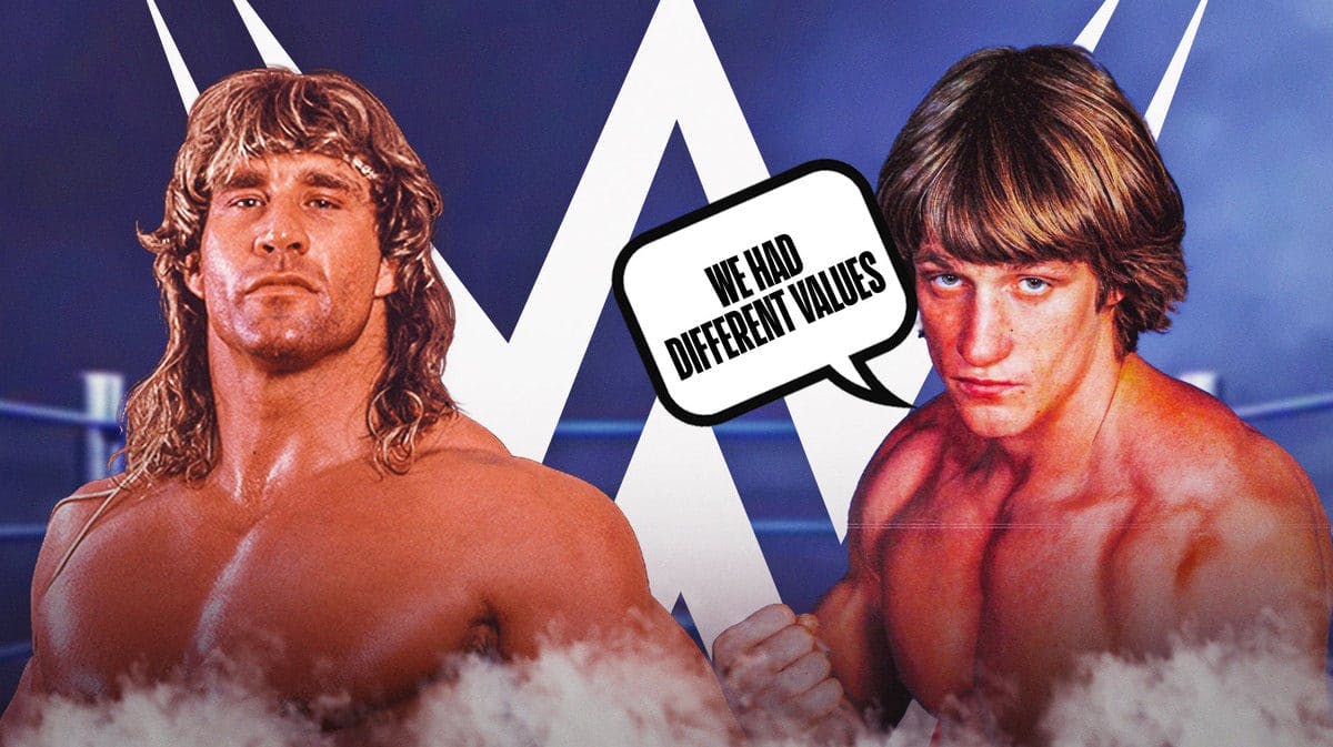 Kevin Von Erich with a text bubble reading “We had different values” next to Kerry Von Erich with the WWE logo as the background.