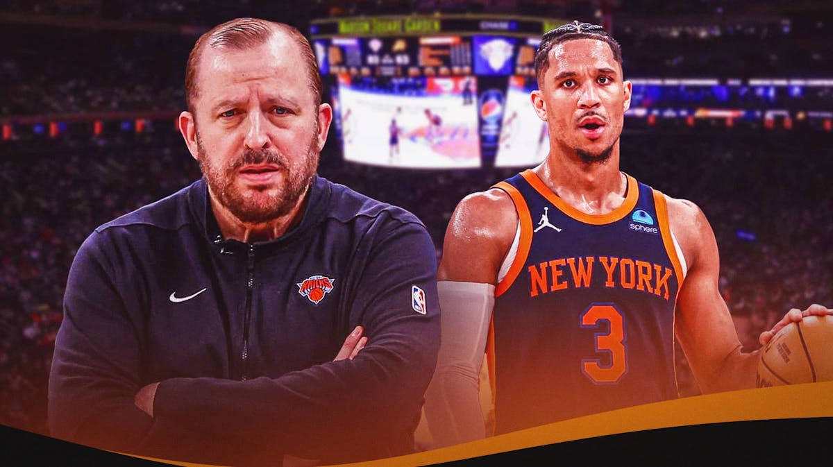 Josh Hart alongside Tom Thibodeau with the Knicks arena in the background