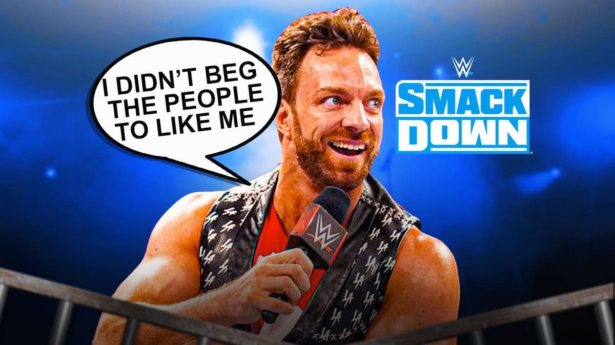 LA Knight with a text bubble reading “I didn’t beg the people to like me” with the SmackDown logo as the background.