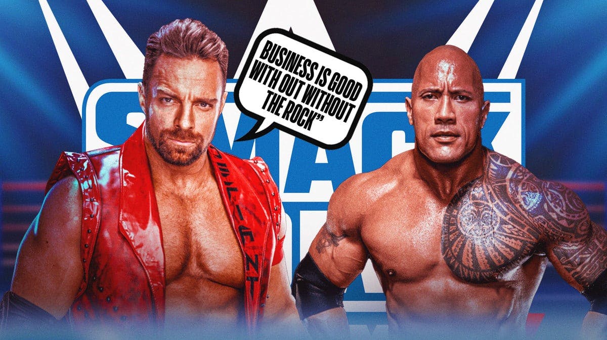 LA Knight with a text bubble reading “Business is good with out without The Rock” next to The Rock with the WWE logo as the SmackDown logo as the background.