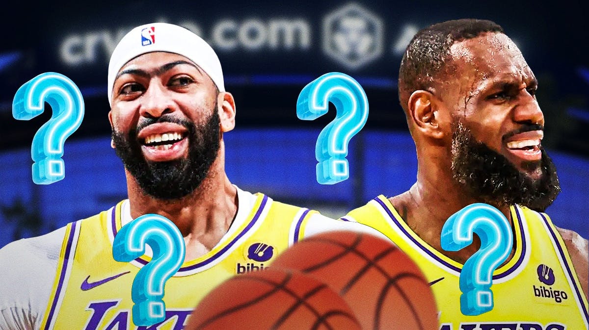 Lakers' stars Anthony Davis and LeBron James, with question marks around them.