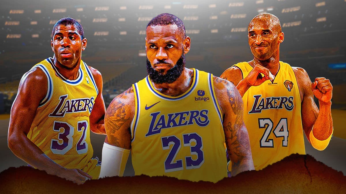LeBron James with Los Angeles Lakers legends Kobe Bryant and Magic Johnson