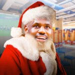 Lebron James as Santa arriving at Duquesne locker room.