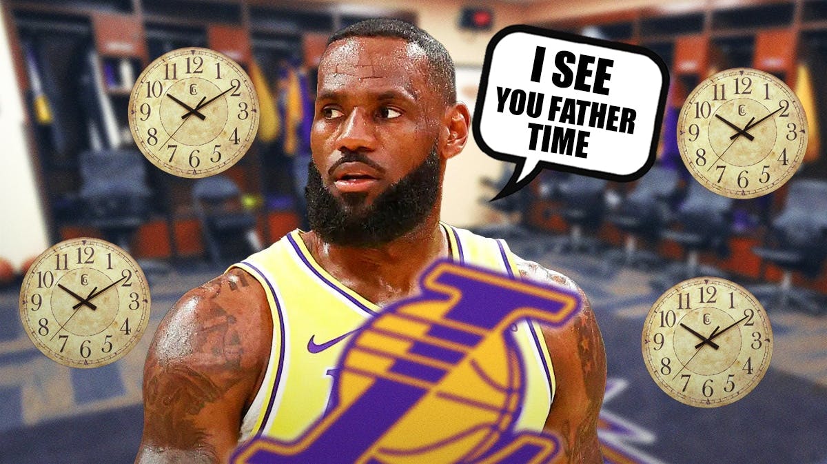 LeBron James saying "I see you Father Time" with clocks around him