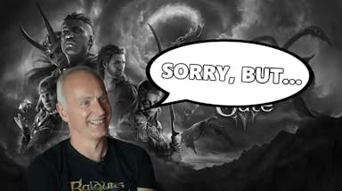 larian, larian baldurs gate 3 dic, larian baldurs gate 4, baldurs gate 4, baldurs gate 3 dlc, a grayscaled key art for baldurs gate 3 with swen vincke in the foreground with a speech bubble that says sorry but
