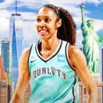 WNBA player Rebekah Gardner in a New York Liberty jersey, with New York City in the background
